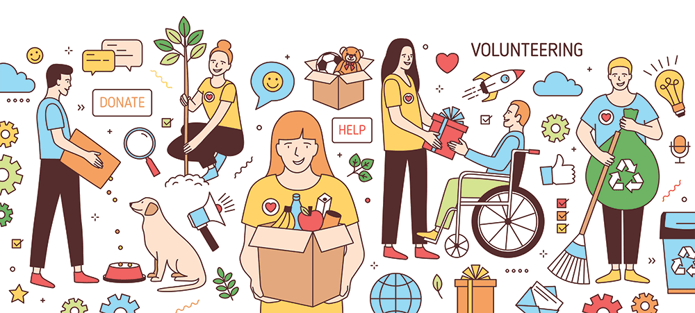 Graphic illustration of a vibrant Irish community, with people of all ages participating in various volunteering activities, surrounded by iconic Irish landmarks and symbols.